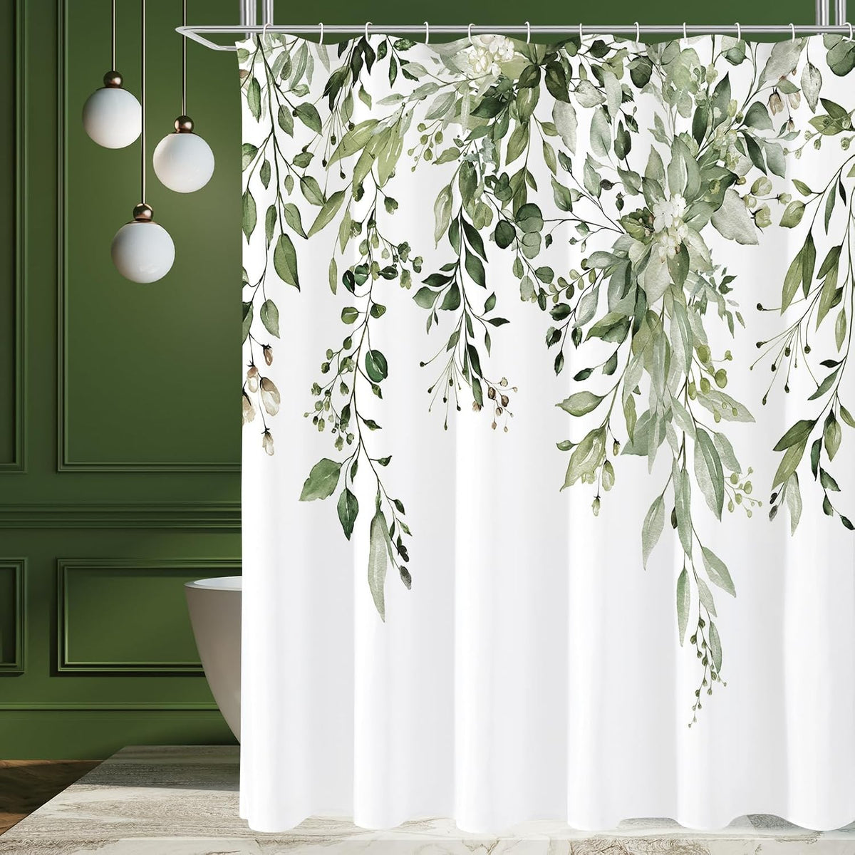 Cortina de ducha Gibelle de eucalipto verde oliva, juego de cortina de ducha para baño con hojas de plantas en acuarela y estampado floral, 72x72
