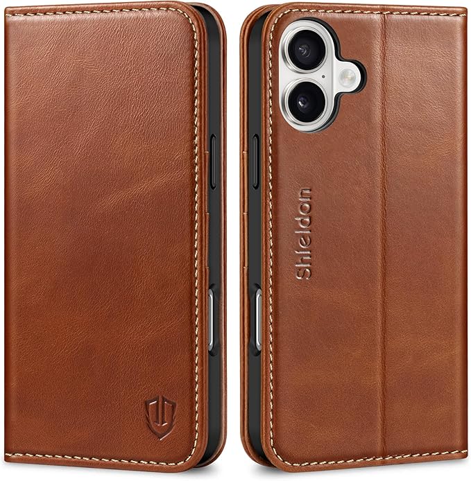 SHIELDON Funda para iPhone 16 Plus 5G, cartera de piel auténtica, plegable, magnética, con bloqueo RFID, soporte para tarjetas, función atril, protección contra caídas, compatible con iPhone 16 Plus de 6.7 pulgadas, color marrón retro