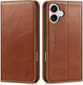 SHIELDON Funda para iPhone 16 Plus 5G, cartera de piel auténtica, plegable, magnética, con bloqueo RFID, soporte para tarjetas, función atril, protección contra caídas, compatible con iPhone 16 Plus de 6.7 pulgadas, color marrón retro