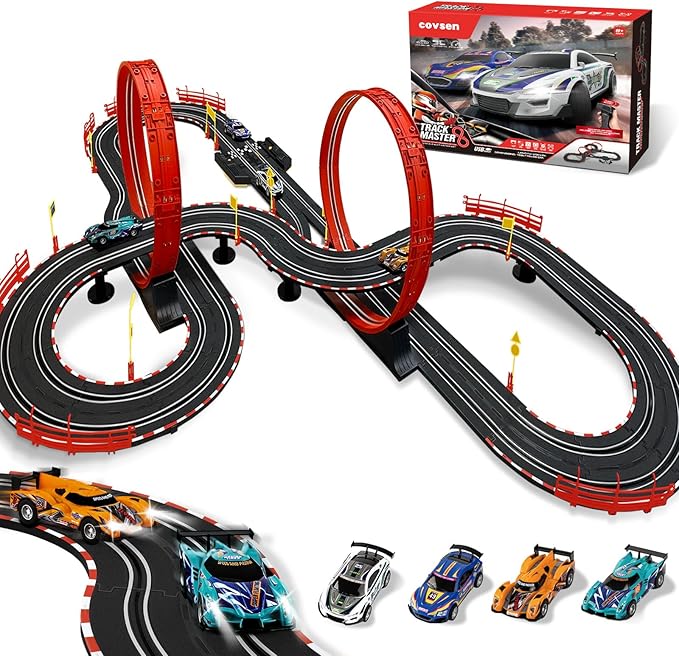 Conjuntos de Pistas de Carreras de Autos de Ranura para Niños - Pista de Carreras Eléctrica de 30 Pies con 4 Autos de Ranura (1:43), Contador de Vueltas, Juego de Carreras Dual y Múltiples Tipos