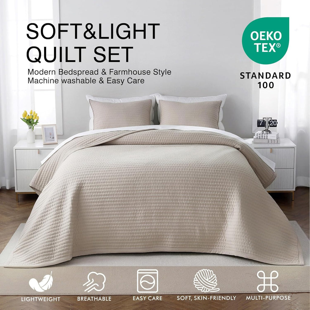 Set Quilt XL Queen 98"x98" – Colcha Lavada Suave 3 Capas | Acolchado Multi-Lock | Estilo Nórdico Minimalista | Avena