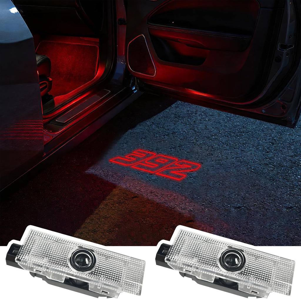 Luces proyector puerta LaLaSuo luz bienvenida HD lámpara sombra logo sin desvanecimiento sin borrosidad enchufar jugar luz cortesía para accesorios Dodge Challenger 2015-presente rojo 392