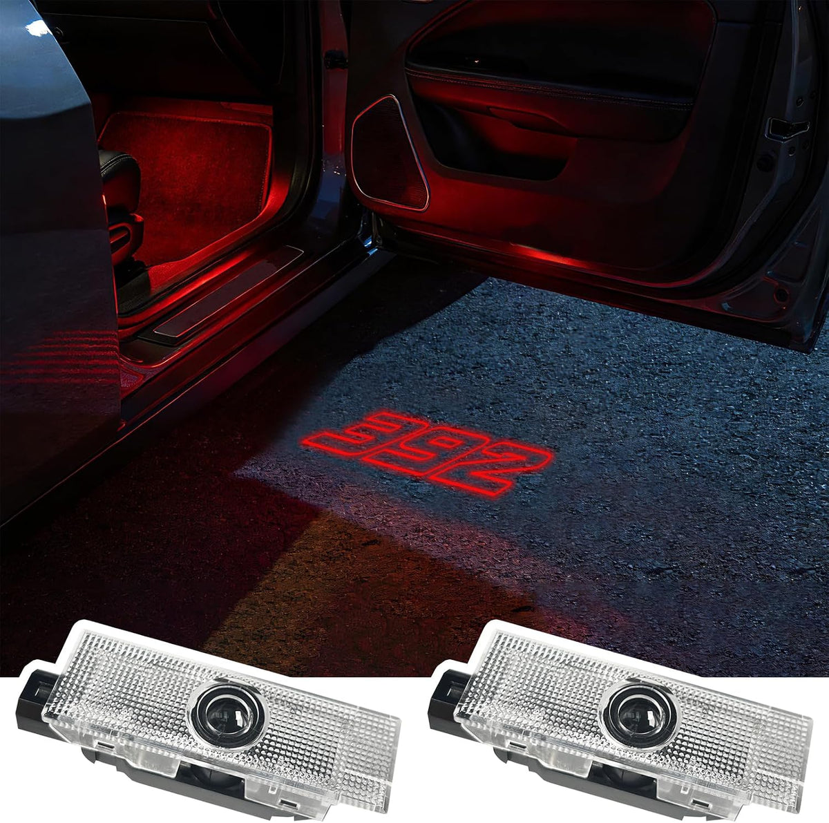 Luces proyector puerta LaLaSuo luz bienvenida HD lámpara sombra logo sin desvanecimiento sin borrosidad enchufar jugar luz cortesía para accesorios Dodge Challenger 2015-presente rojo 392