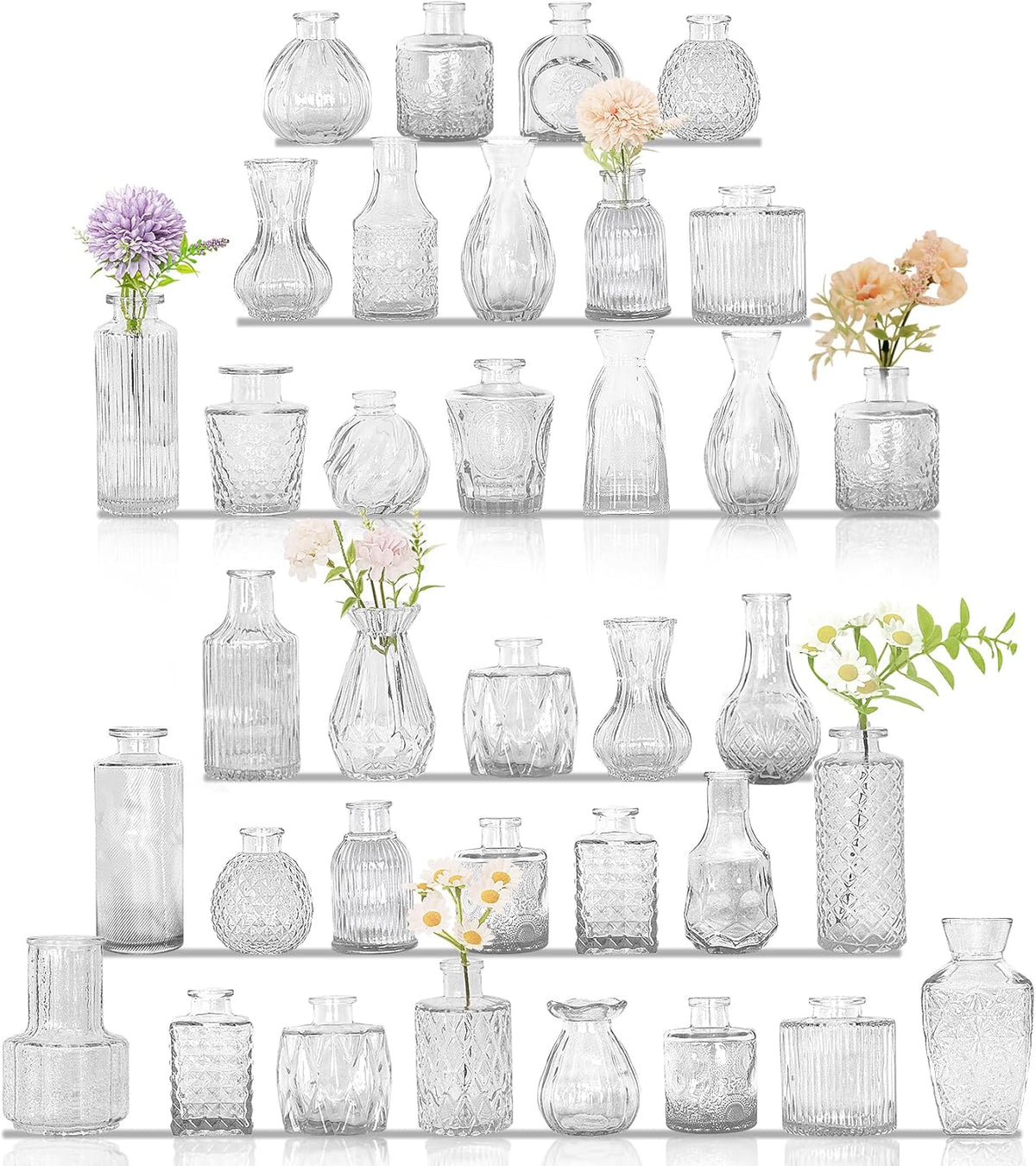 Set de 36 Mini Floreros de Vidrio Vintage – Botellas Transparentes Multiforma | Centros de Mesa Boda Rústica y Decoración