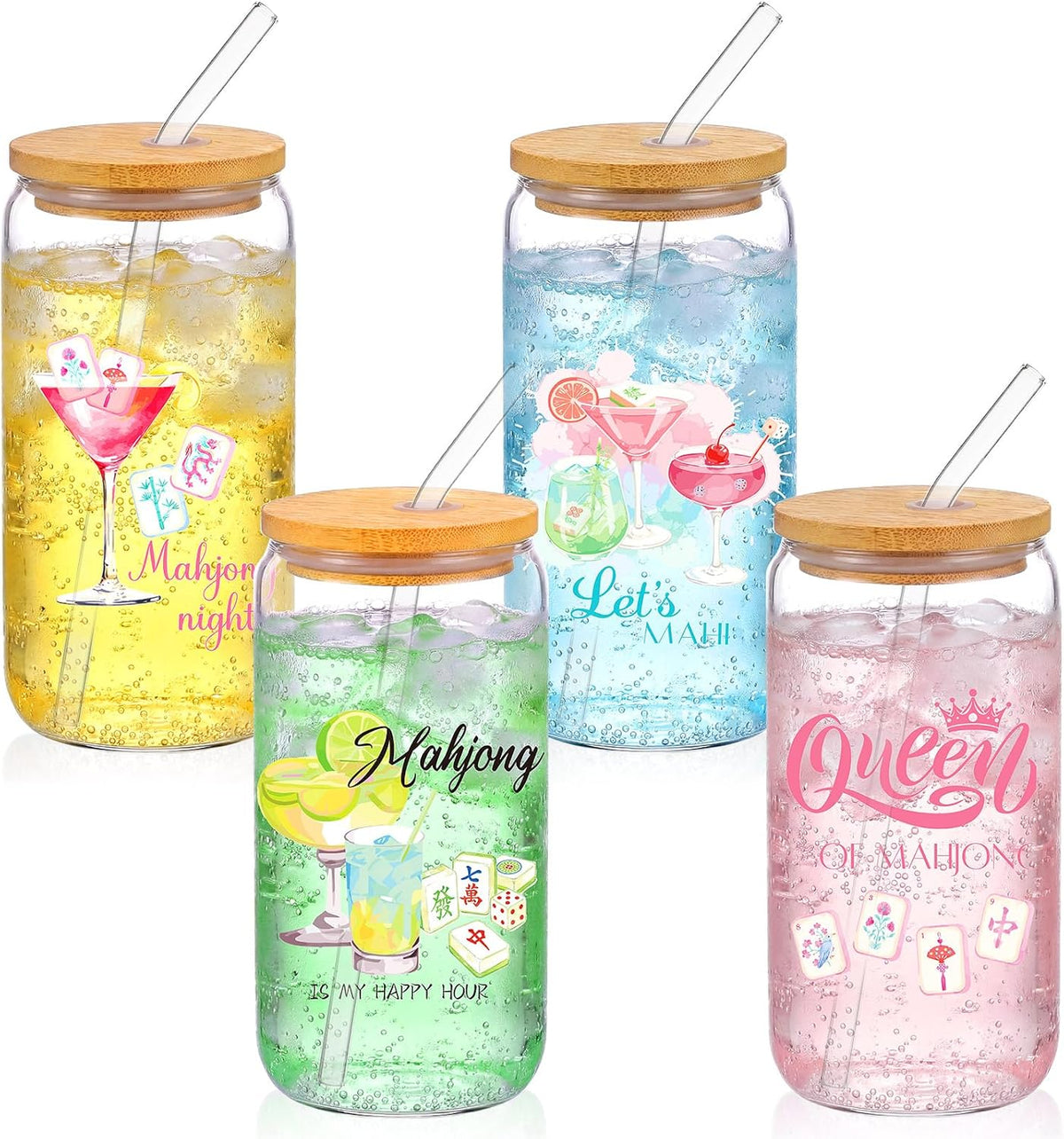 Regalos de Mahjong de Acellegic para mujeres, 4 vasos de Mahjong de 473 ml (16 oz), vasos de cóctel de vino con tapa y pajita, taza de café de viaje, vaso térmico, regalo para amantes de los jugadores de Mahjong, fiestas de cumpleaños para madres y