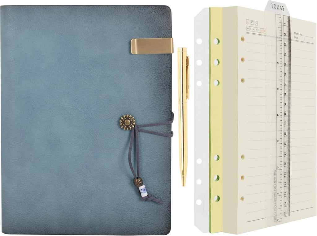 WONDERPOOL - Cuaderno de cuero con hojas rayadas y bolígrafo - Agenda de 6 anillas recargable con espiral y blocs de notas rayados, tapa vintage para oficina, viajes, trabajo y planificación (A5, cian) 