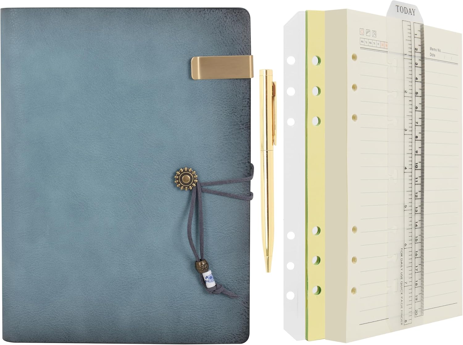 WONDERPOOL Leather Journal A5 - Refillable 6-Ring Binder Notebook with Pen - 160 Pages Lined Paper - Vintage Cover with Zipper Pouch - For Office, Travel, Work, Planning - Cyan