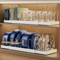 2-Pack Expandable Lid Organizer for Kitchen - 12.6"-22.4" Adjustable Pot and Pan Organizer - 9 Dividers for Cabinet Storage - Dual-Purpose Rack for Lids & Containers - White