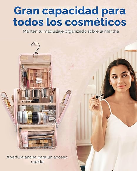BAGSMART Bolsa de maquillaje para mujer con gancho para colgar, gran capacidad portátil, resistente al agua, organizador de viaje para artículos de tocador y cosméticos, color rosa