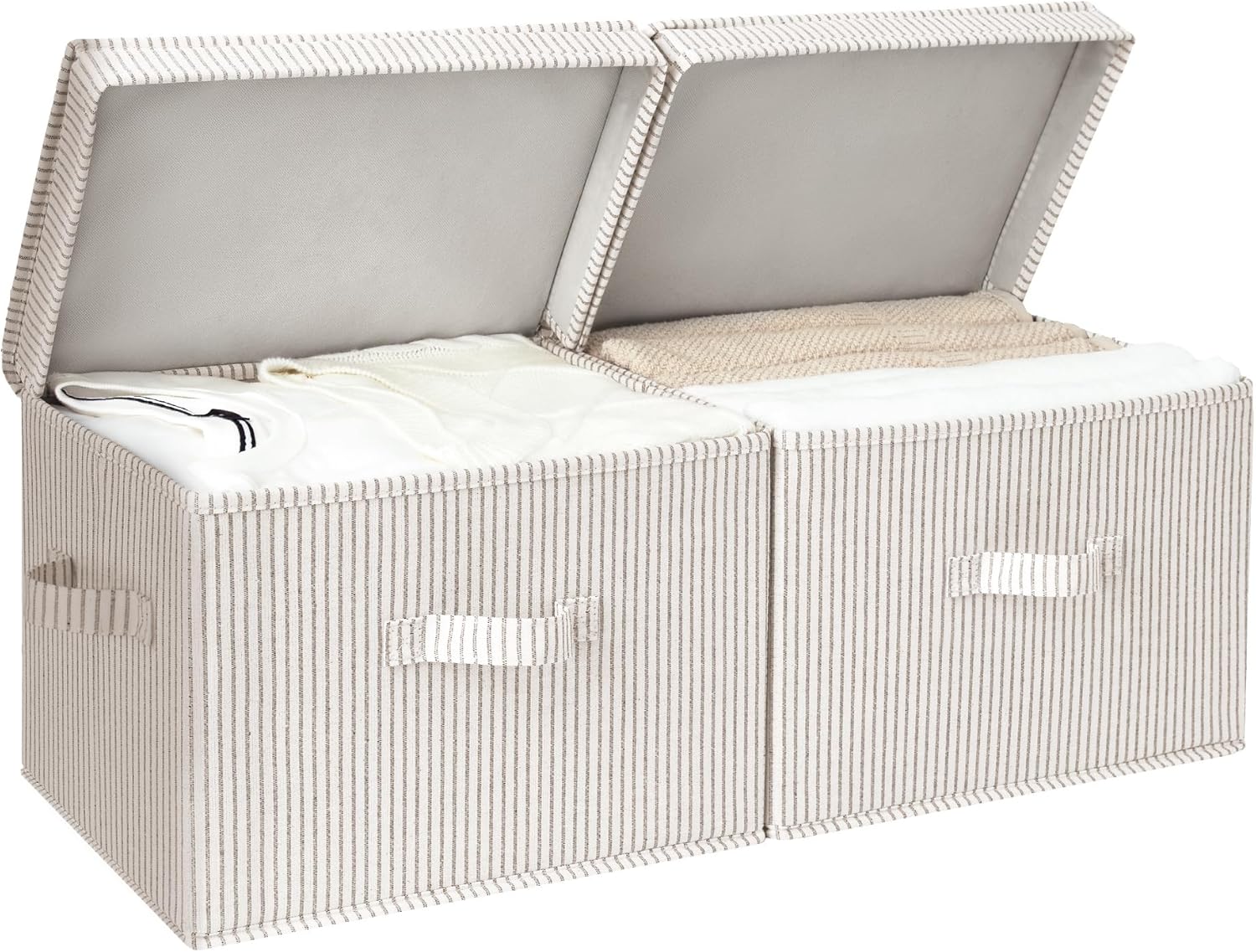 Contenedores de tela con tapa StorageWorks, cajas decorativas para estantes, cesta organizadora apilable con asas, grandes, rayas caqui y beige, paquete de 2 