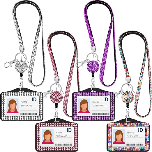 Ctosree 4 juegos de cordón con diamantes de imitación, portatarjetas de identificación brillante, carrete retráctil de cristal para credenciales