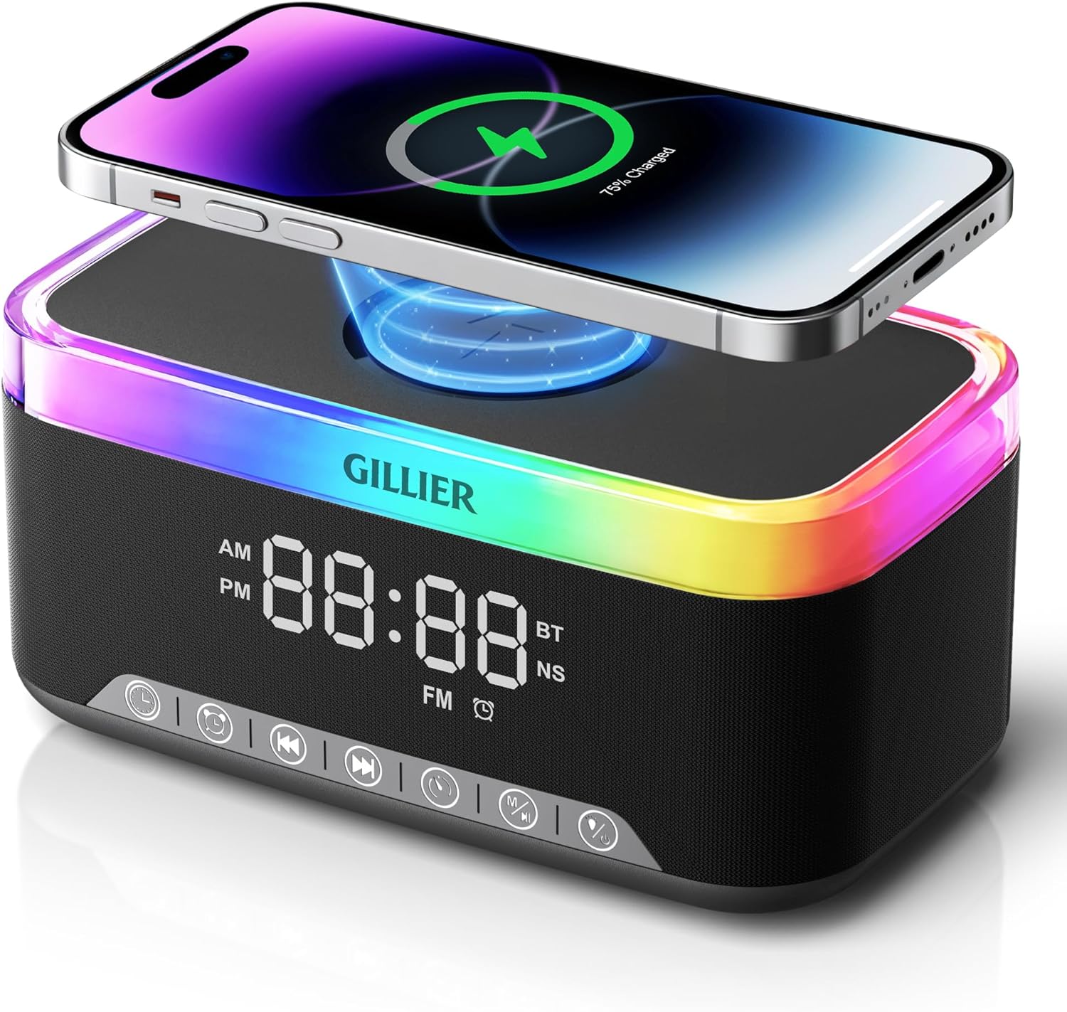 GILLIER Wireless Charging Alarm Clock Radio for Bedrooms – 15W Fast Wireless Charger Station for iPhone Samsung, Bluetooth Stereo Speaker with FM Radio, Dimmable Display, USB Port, Sleep Timer, Black