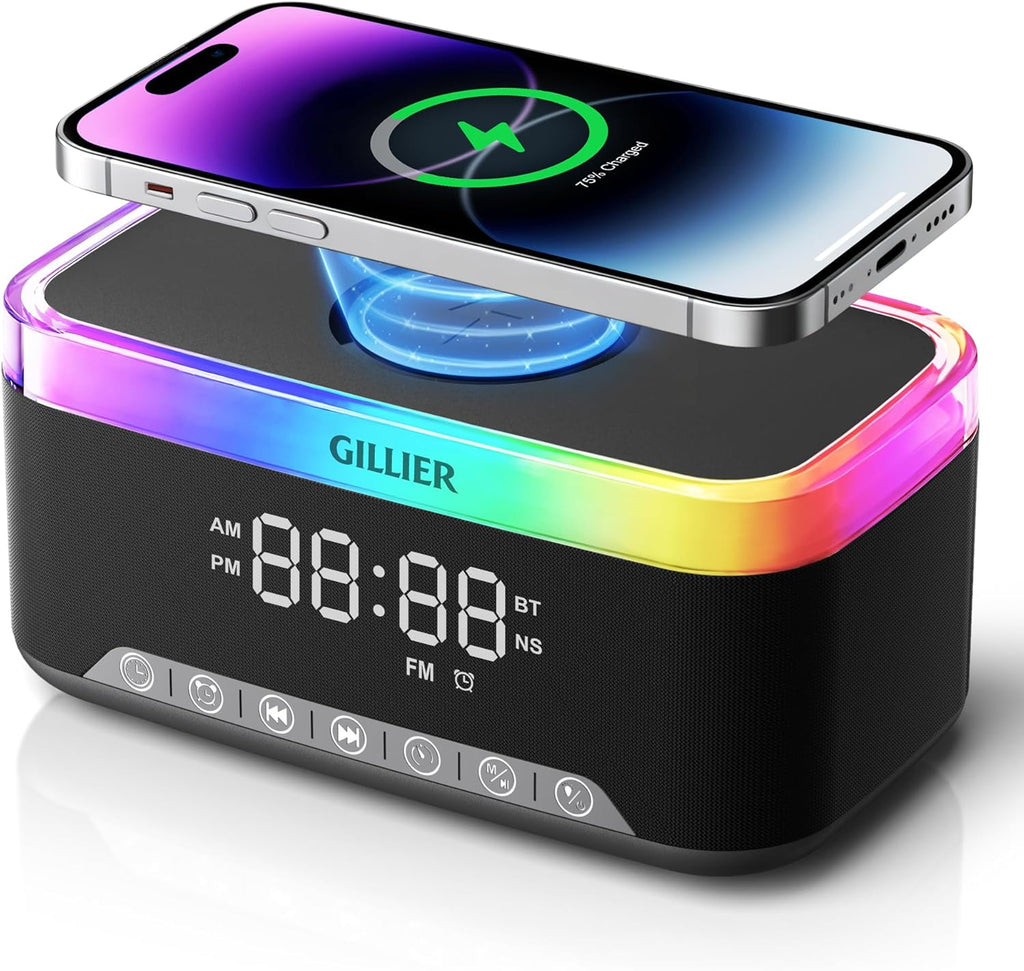 GILLIER Wireless Charging Alarm Clock Radio for Bedrooms – 15W Fast Wireless Charger Station for iPhone Samsung, Bluetooth Stereo Speaker with FM Radio, Dimmable Display, USB Port, Sleep Timer, Black