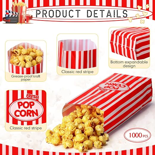 Bolsas de Palomitas Desechables Sherr – 1000 Unidades 1oz, Rayas Rojas Retro para Fiestas, Cine y Eventos