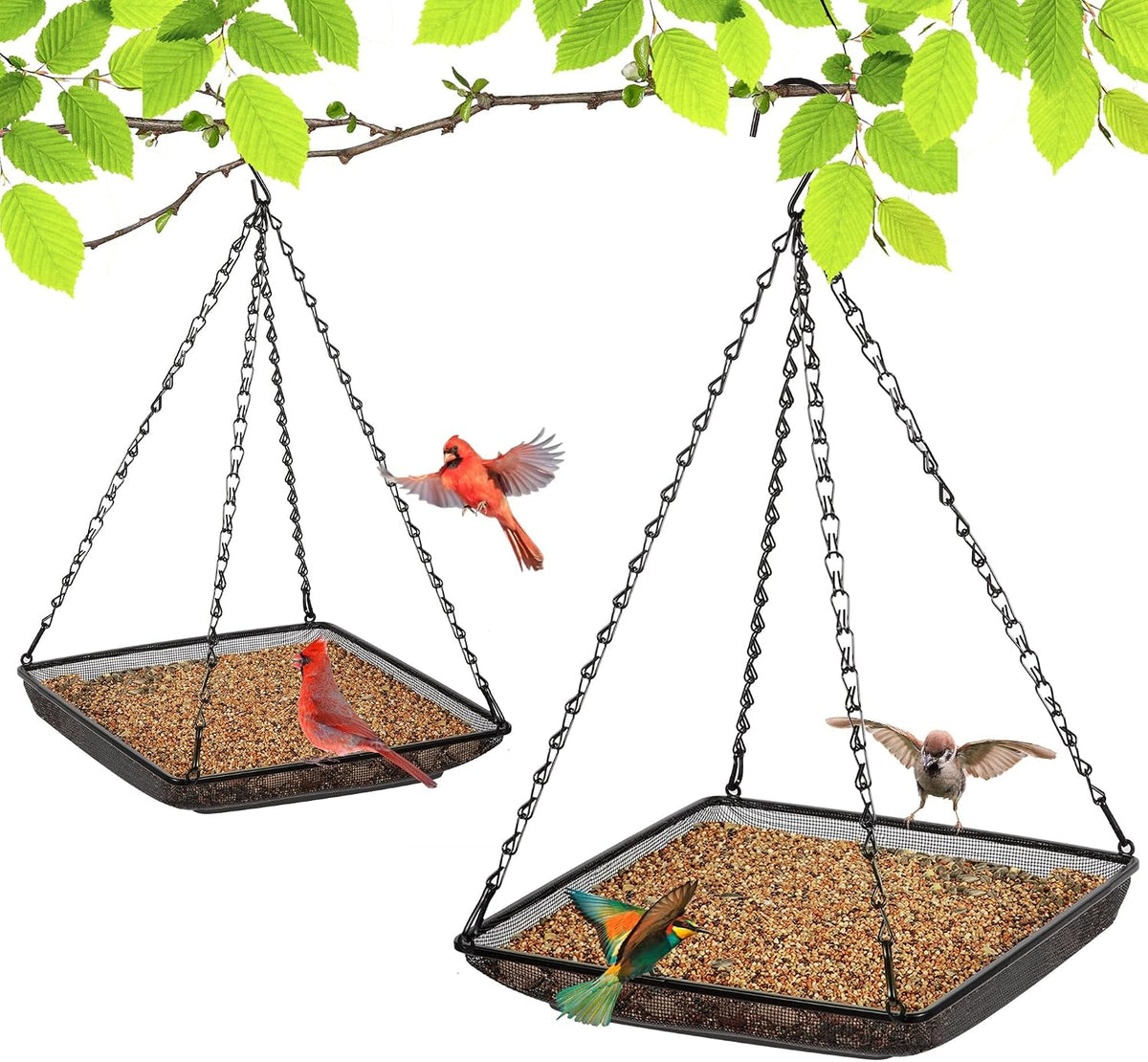 Set de 2 Comederos Colgantes para Pájaros de Malla Metálica 11x11" – Con Cadenas Resistentes para Exterior
