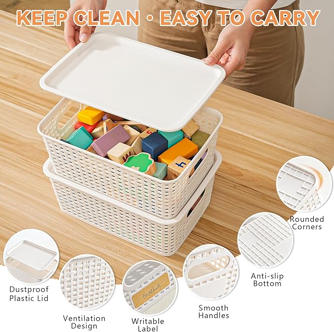 Set 5 Cajas de Almacenamiento Plástico + 5 Tapas, con Asas y Etiquetas – Apilables, Organizadoras para Cuarto, Cocina, Despensa y Manualidades