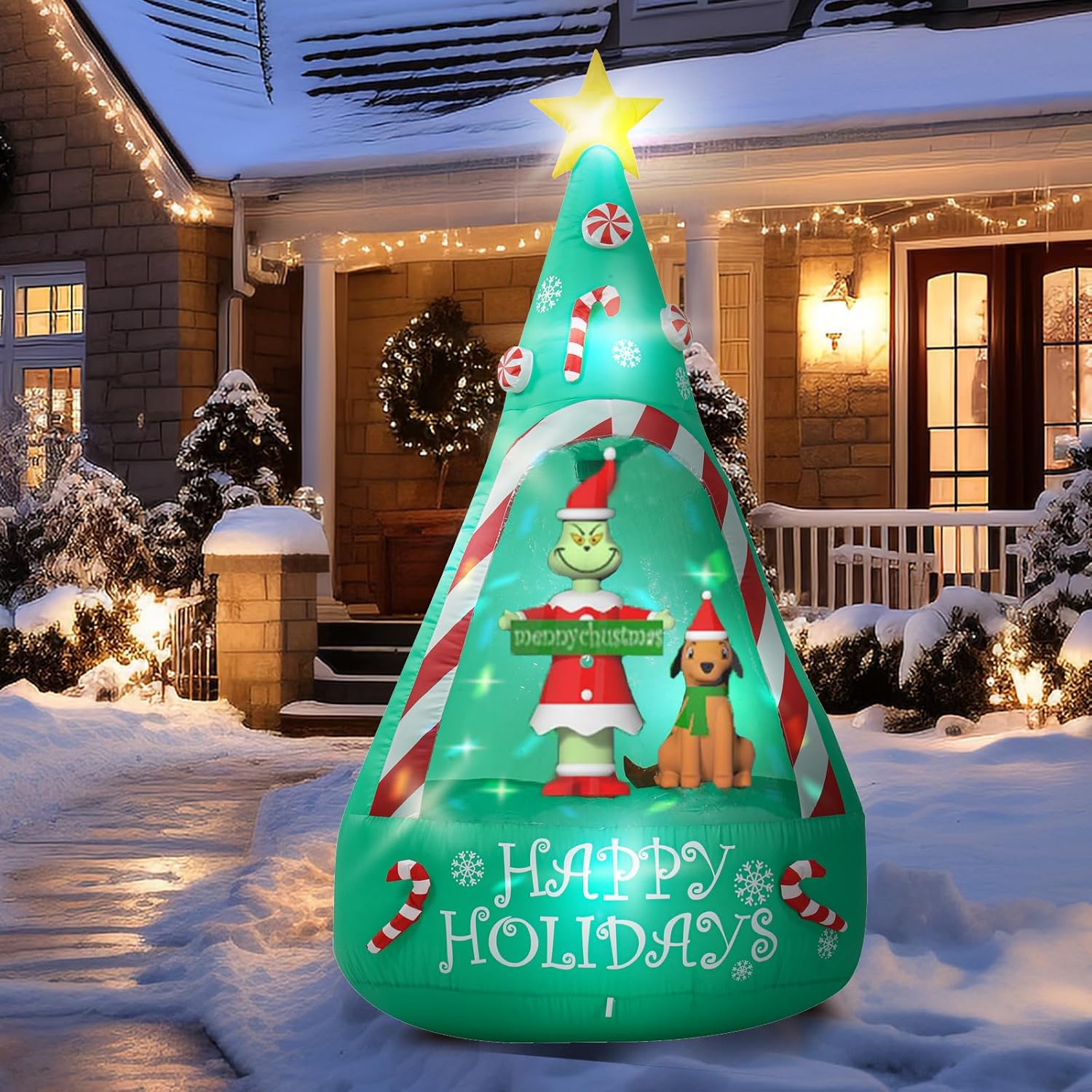 Messon 6FT Christmas Inflatable Decoration - Green Monster & Dog in Tree - Built-in LED Rotating Lights - IP44 Waterproof - Easy Setup with Blower - For Outdoor Yard Lawn Garden