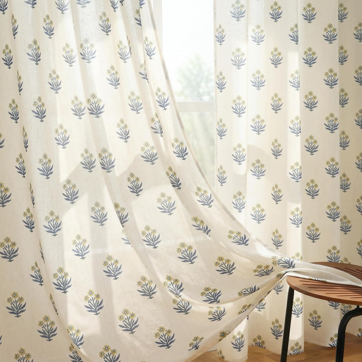 Cortinas Lino color blanco para sala de estar, cortinas transparentes con estampado floral retro, bonitas cortinas modernas de mediados de siglo para ventana de dormitorio, juego de 2 paneles, amarillo y azul