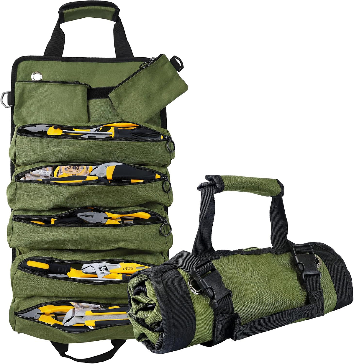 Bolsa de herramientas enrollable plegable portátil AASTT, bolsa organizadora de herramientas resistente con 5 compartimentos y 2 bolsillos desmontables para guardar herramientas, bolsa enrollable impermeable para herramientas, ideal como regalo para