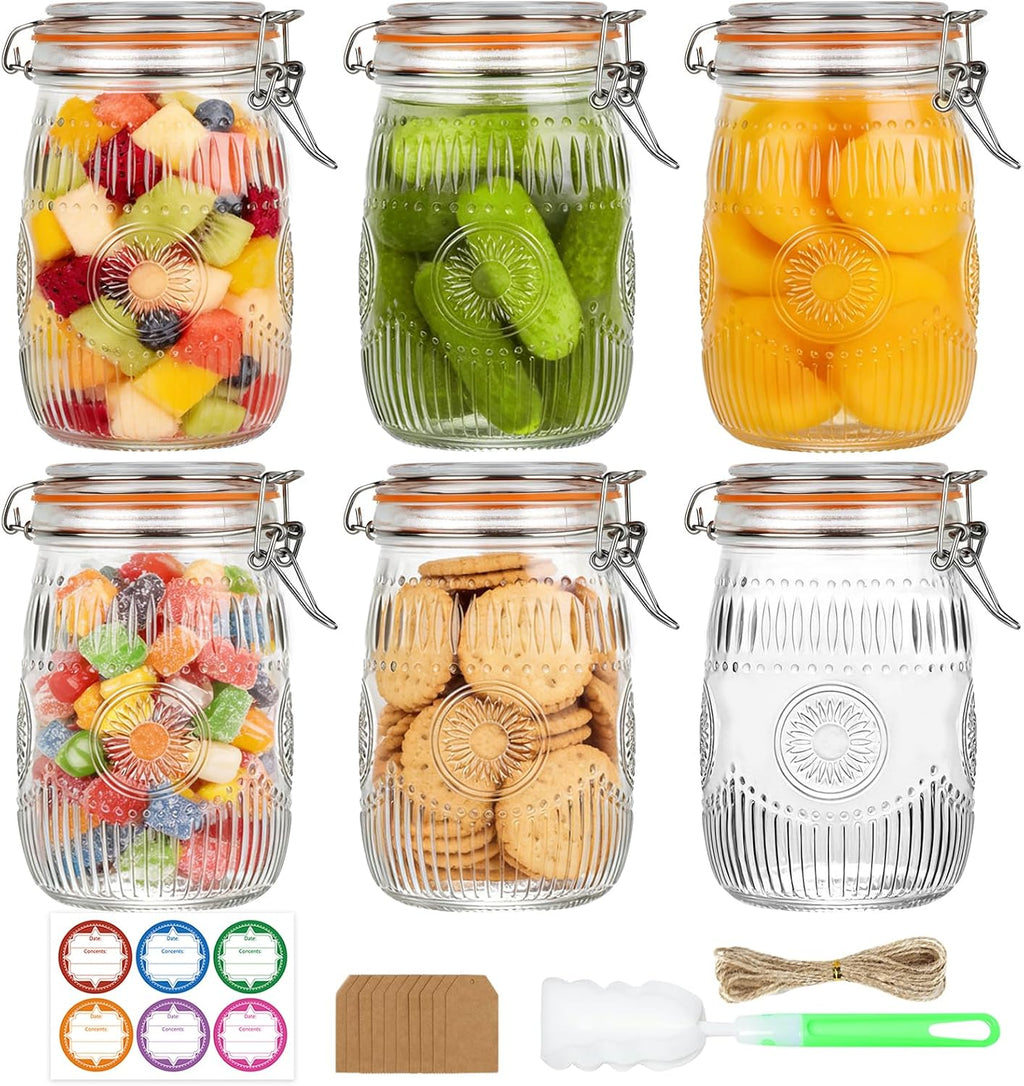 HAYHOI Tarros Mason 946 ml (32 oz) Boca Ancha con Tapa Hermética – Pack de 6, Vidrio para Cocina