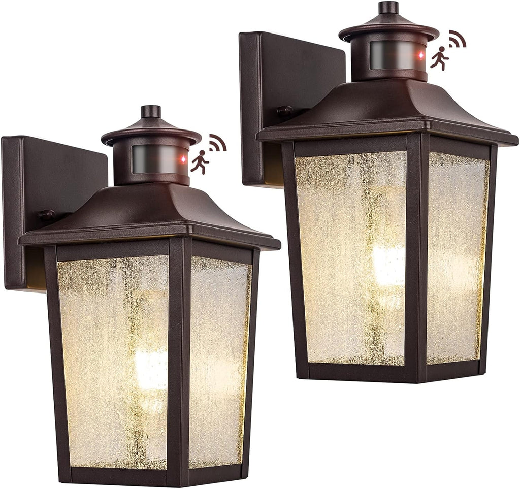 Luces exteriores con sensor de movimiento de bronce aceitado (2 unidades) - Iluminación exterior impermeable del anochecer al amanecer, lámpara marrón para garaje, luz de porche, montaje en pared exterior para casa, puerta de entrada, antioxidante 