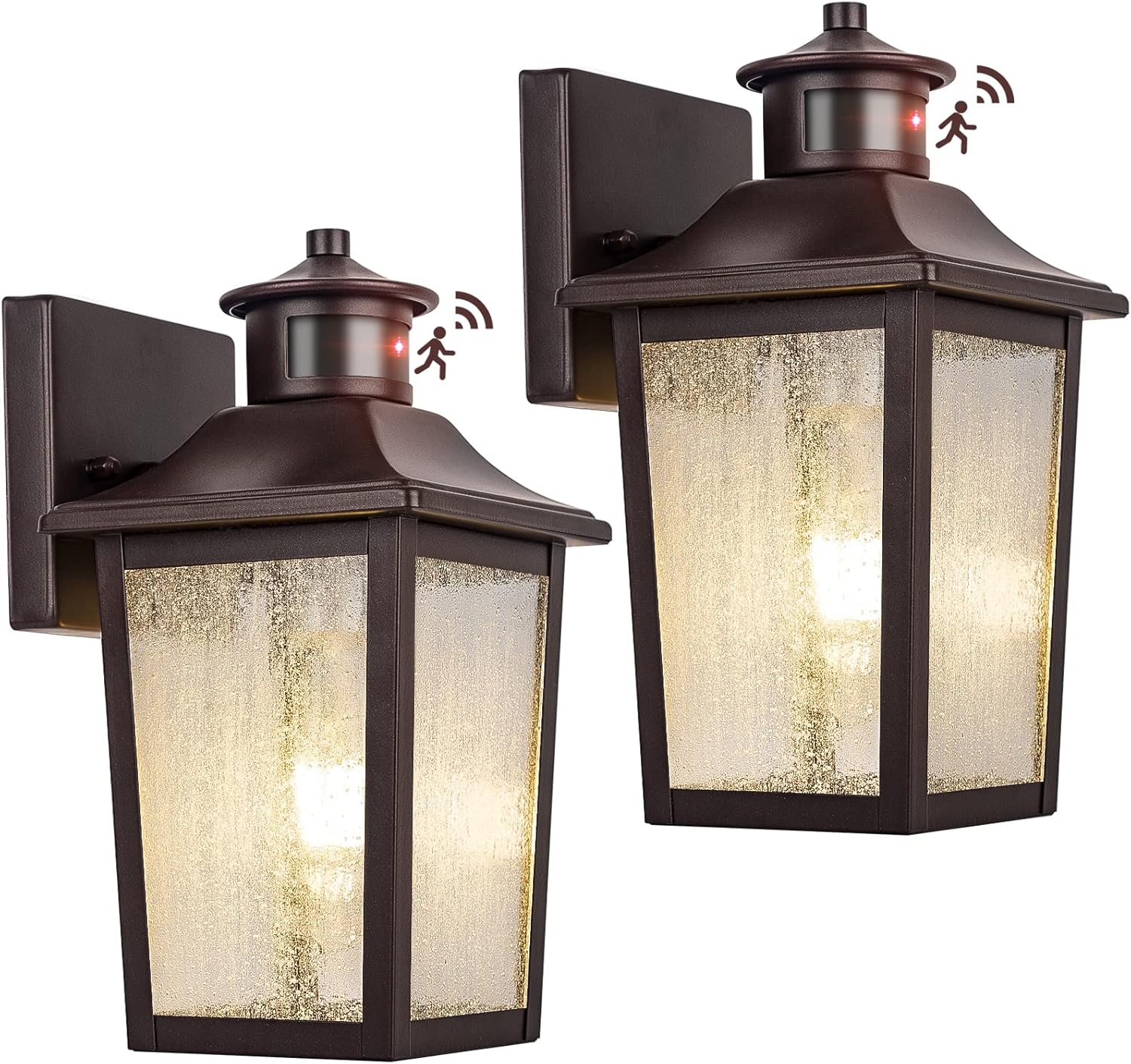 Luces exteriores con sensor de movimiento de bronce aceitado (2 unidades) - Iluminación exterior impermeable del anochecer al amanecer, lámpara marrón para garaje, luz de porche, montaje en pared exterior para casa, puerta de entrada, antioxidante 