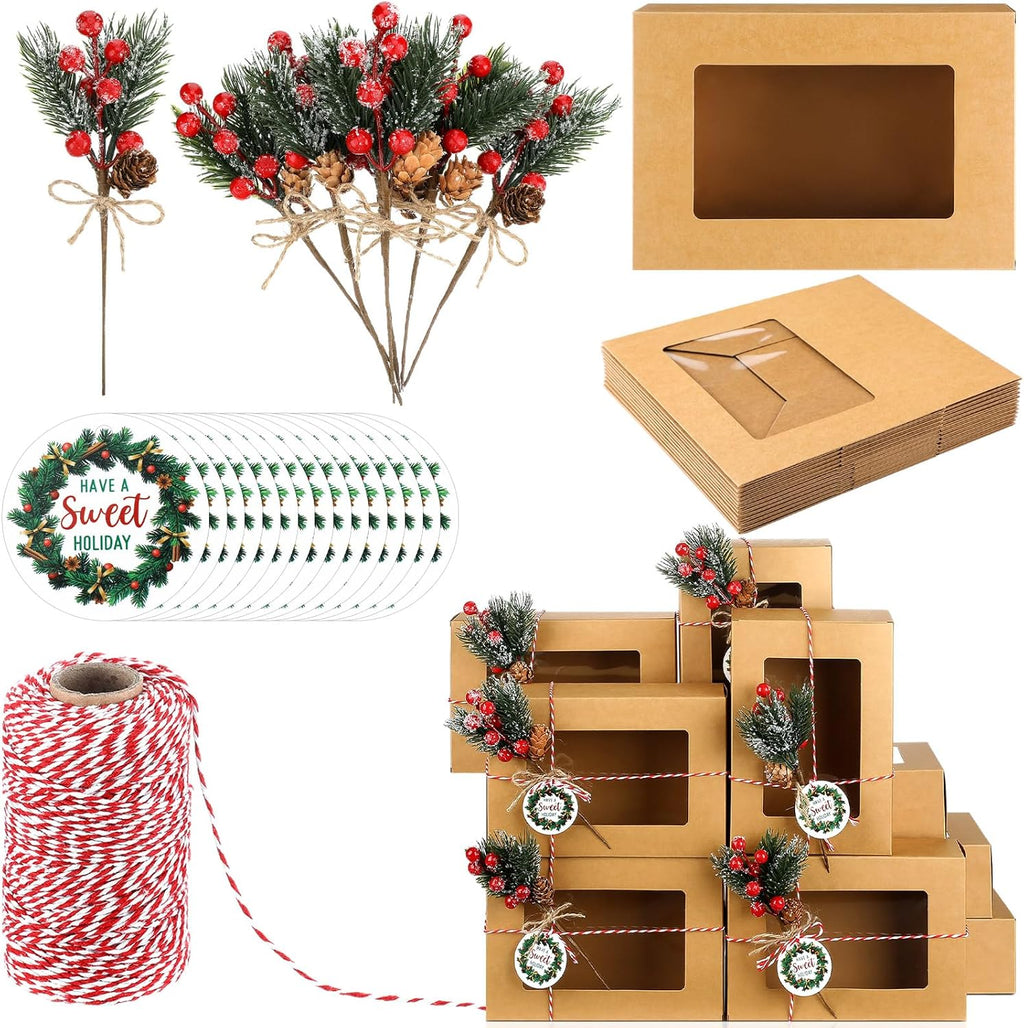 Shihanee 37 Pcs Christmas Cookie Boxes with Window Kraft Pastry Box with Artificial Pine Picks Gift Tags and Cotton Twine DIY Decorative Containers for Pastries, Cookies Gift-Giving Supplies(Flocked)