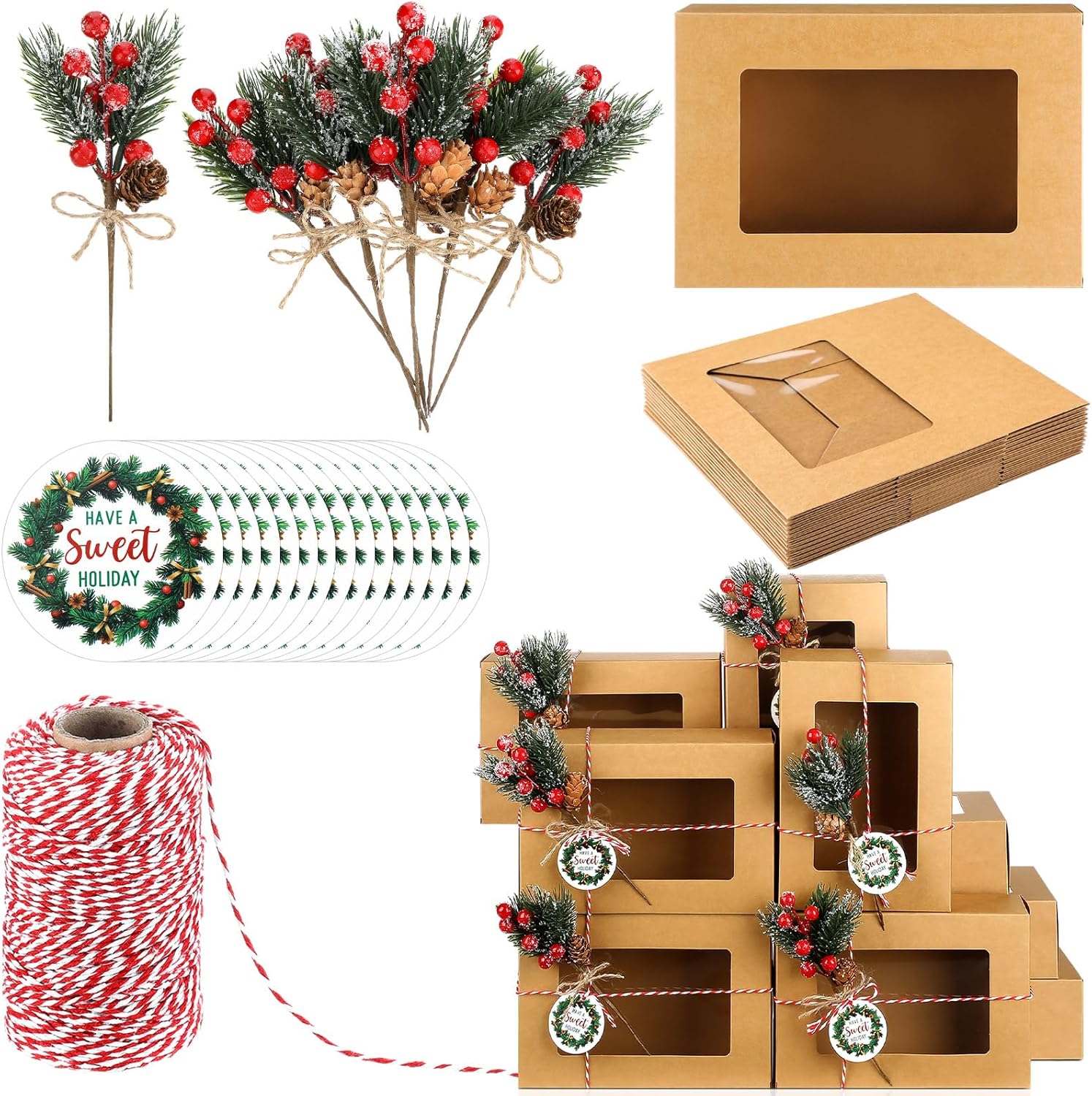 Shihanee 37 Pcs Christmas Cookie Boxes with Window Kraft Pastry Box with Artificial Pine Picks Gift Tags and Cotton Twine DIY Decorative Containers for Pastries, Cookies Gift-Giving Supplies(Flocked)