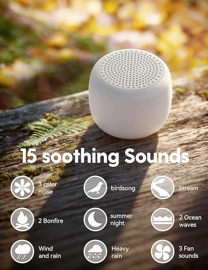 Babelio Máquina de sonido de ruido blanco, luz nocturna, mini y portátil, 15 sonidos sin bucle, temporizador, función de memoria, para adultos y bebés, viajes, color blanco