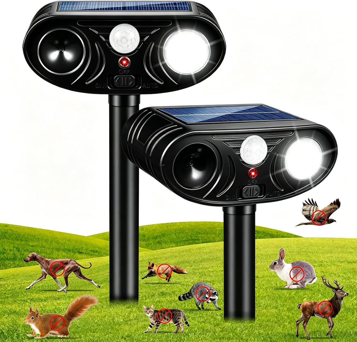 Repelente Animal Solar Ultrasónico 2026 IP65, Sensor Movimiento Luz Estroboscópica, a Prueba de Agua, Ahuyenta Gatos Ardillas Conejos Mapaches Perros Jardín (2 Pack)