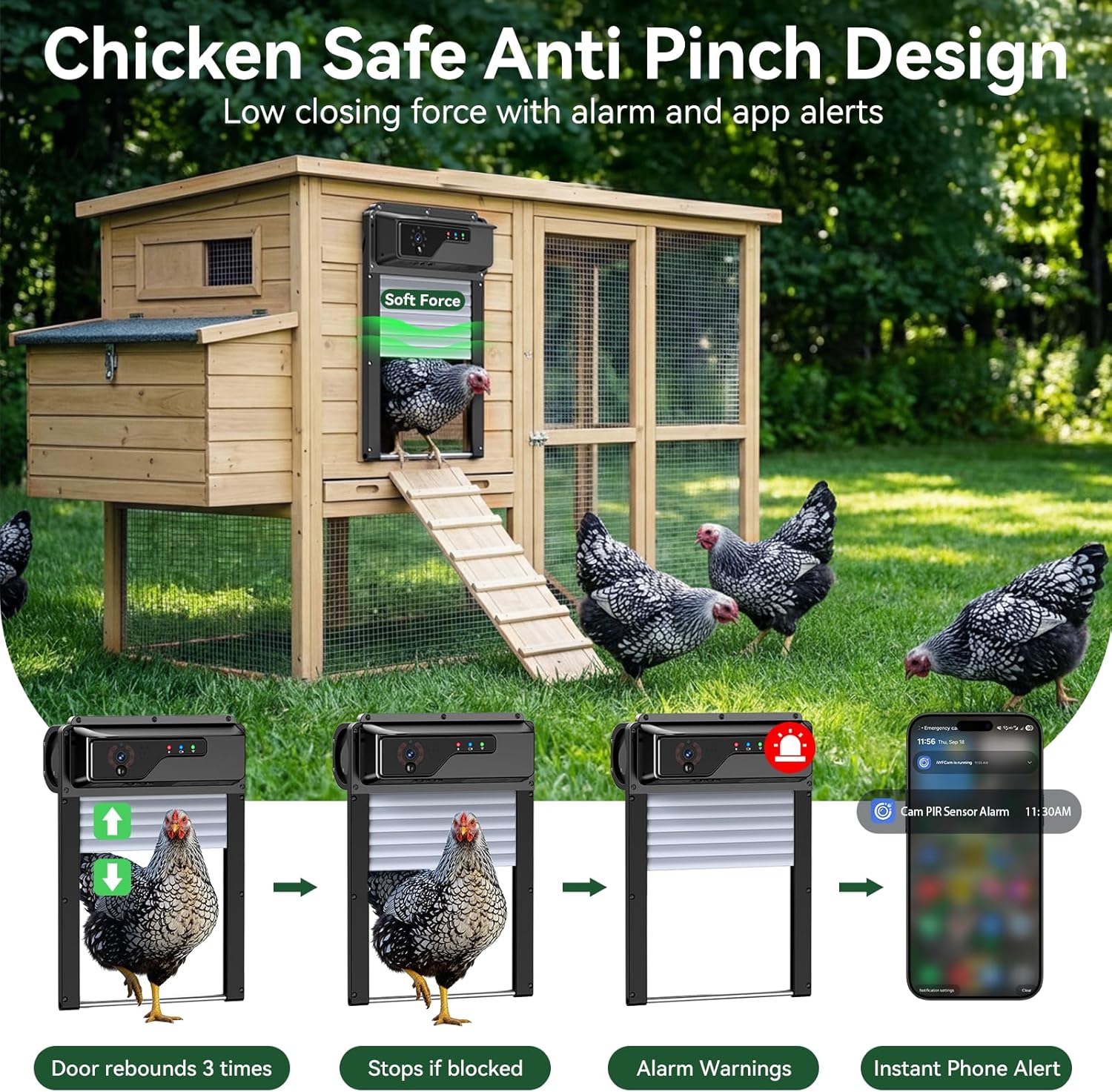 Puerta automática de gallinero con cámara, puerta inteligente de pollo con control de aplicación WiFi, visión nocturna HD 1080P, batería de 5000 mAh, seguridad antipellizcos, alertas inteligentes