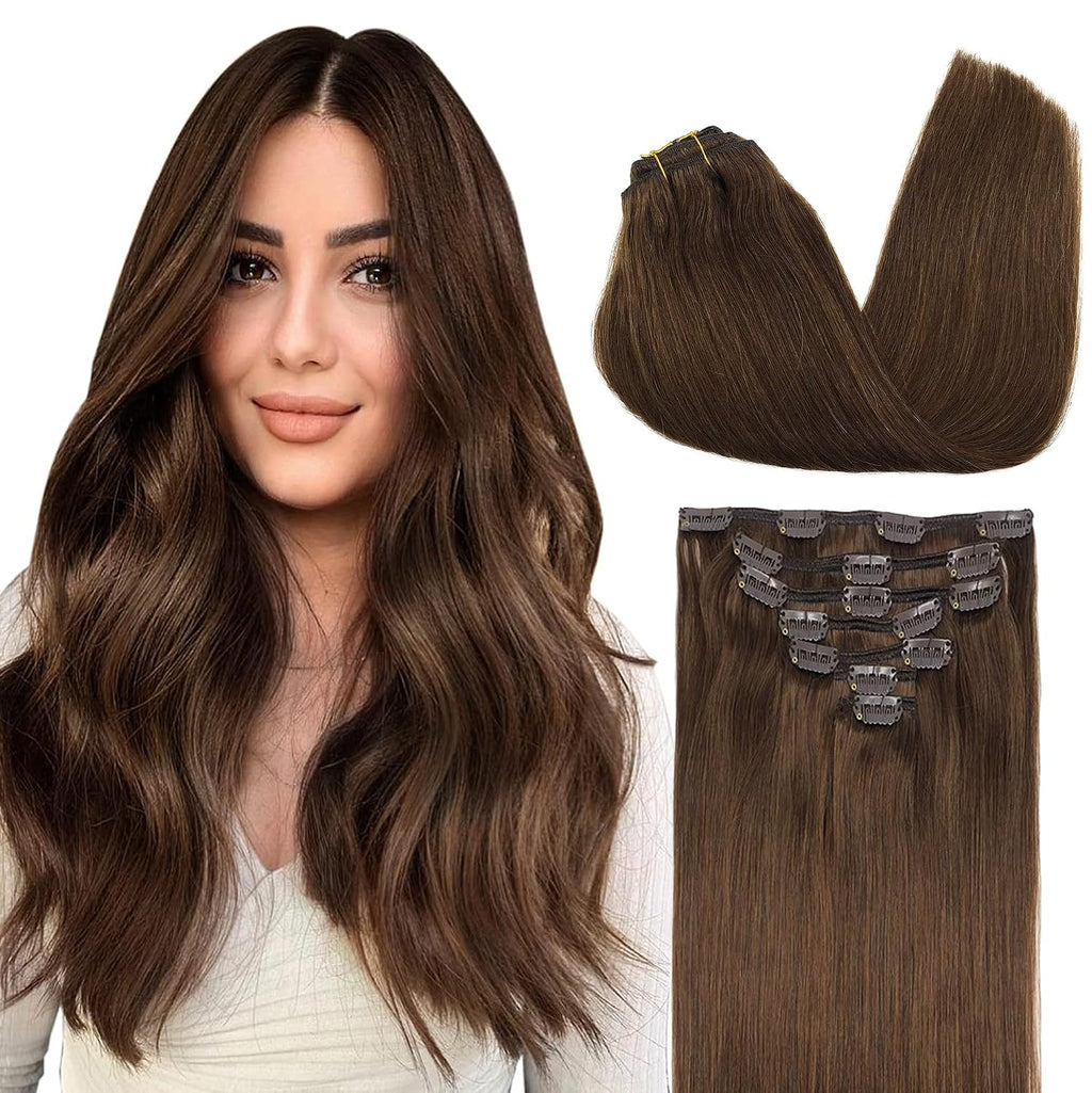 Extensiones de cabello con clip GOO GOO, cabello humano real, extensiones de cabello humano Remy con clip para mujer, cabello humano natural, 18 pulgadas, 120 g, 7 piezas, marrón chocolate 4A
