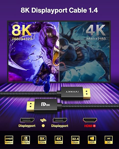 IVANKY Cable DisplayPort 8K 1.4, cable DP certificado VESA de 6.6 pies (8K @60Hz, 4K @240Hz, 2K @240Hz) HBR3 compatible con 32.4 Gbps, HDR, HDCP 2.2, FreeSync G-Sync, puerto de pantalla trenzado para monitor de juegos, gráficos, PC