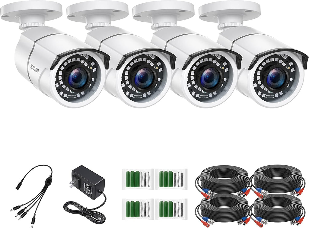 ZOSI Pack de 4 cámaras de seguridad para el hogar, 2MP 1080p HD-TVI, para exteriores e interiores, 1920TVL, 36 LED, visión nocturna, resistentes a la intemperie, tipo bala.