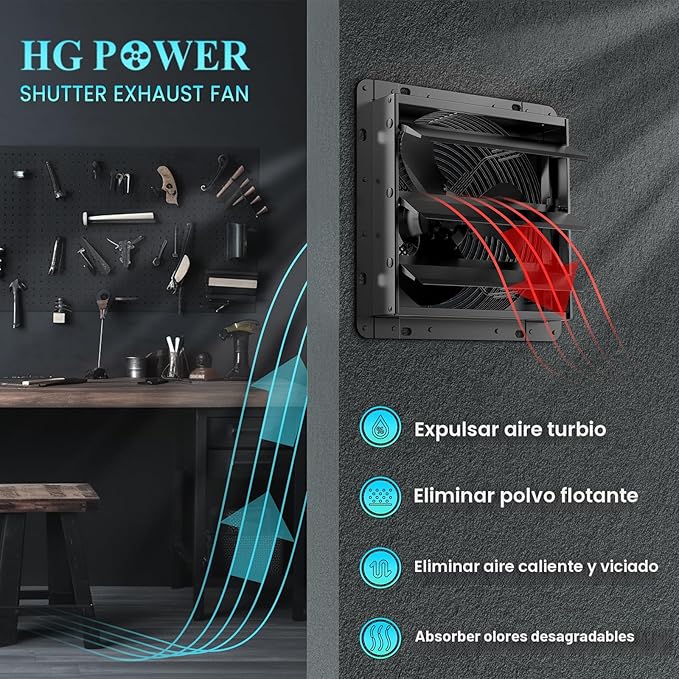 HG Power Ventilador Extractor de Persiana 10" 647CFM Silencioso – Cable ON/OFF de 8 Pies para Garaje, Sótano, Ático, Cocina y Más, Negro