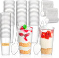 mwellewm 240 Vasos para postre con cucharas 120 Vasos pequeños de plástico transparente de 85 ml para parfait 120 Cucharas para fiestas Vasos pequeños redondos desechables para servir vino, helado de frutas, mousse y aperitivos