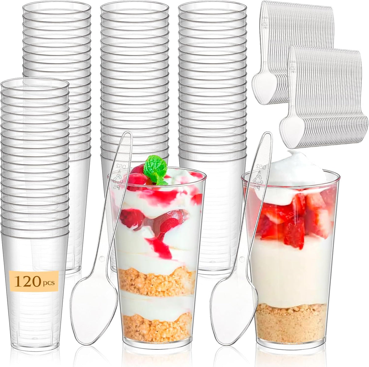 mwellewm 240 Vasos para postre con cucharas 120 Vasos pequeños de plástico transparente de 85 ml para parfait 120 Cucharas para fiestas Vasos pequeños redondos desechables para servir vino, helado de frutas, mousse y aperitivos