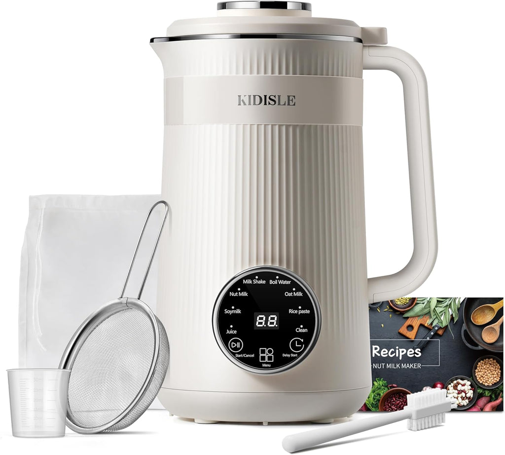 Licuadora KIDISLE 8 en 1 para preparar leches vegetales, 946 ml (32 oz) caseras de soja, almendra, avena, coco, bebidas vegetales y sin lácteos. Máquina automática para preparar leche de soja con inicio diferido/mantener caliente/calentar agua.