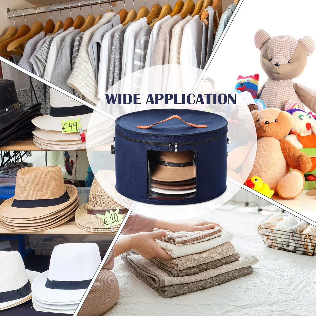 Cajas para Sombreros Suzile x4 Plegables Redondas – Capacidad 6-10 Sombreros, con Tapa y Asas, Color Azul Fieltro