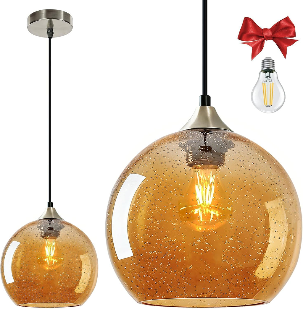 Lampara Colgante Fiabtool de Vidrio Ambar 9.1 Pulgadas | para Isla de Cocina | 1 Pieza con Focos LED Extra y Cable Ajustable 4.92 pies | Minimalista Moderna