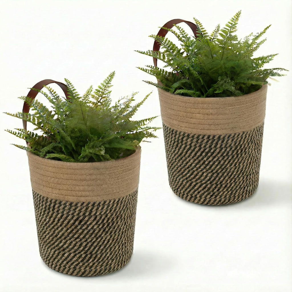 Paquete de 2 cestas colgantes de yute natural de 7 x 8 pulgadas, redondas, tejidas, para decoración de pared y almacenamiento, ideales para plantas y organización del hogar. Cestas de pared para dormitorio, sala de estar, baño y decoración bohemia (yute).