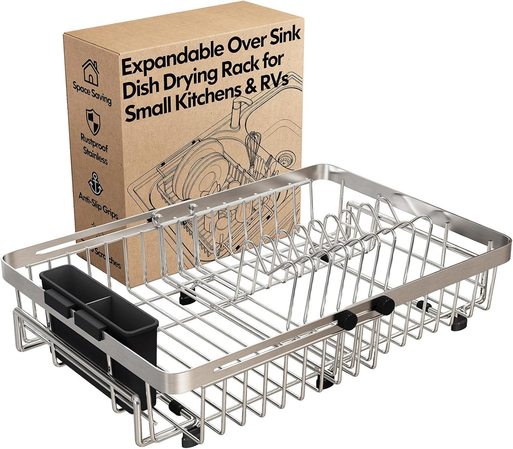 Escurridor de Platos Expandible de Acero Inoxidable para Fregadero – con Porta Utensilios, Ahorra Espacio, No se Oxida