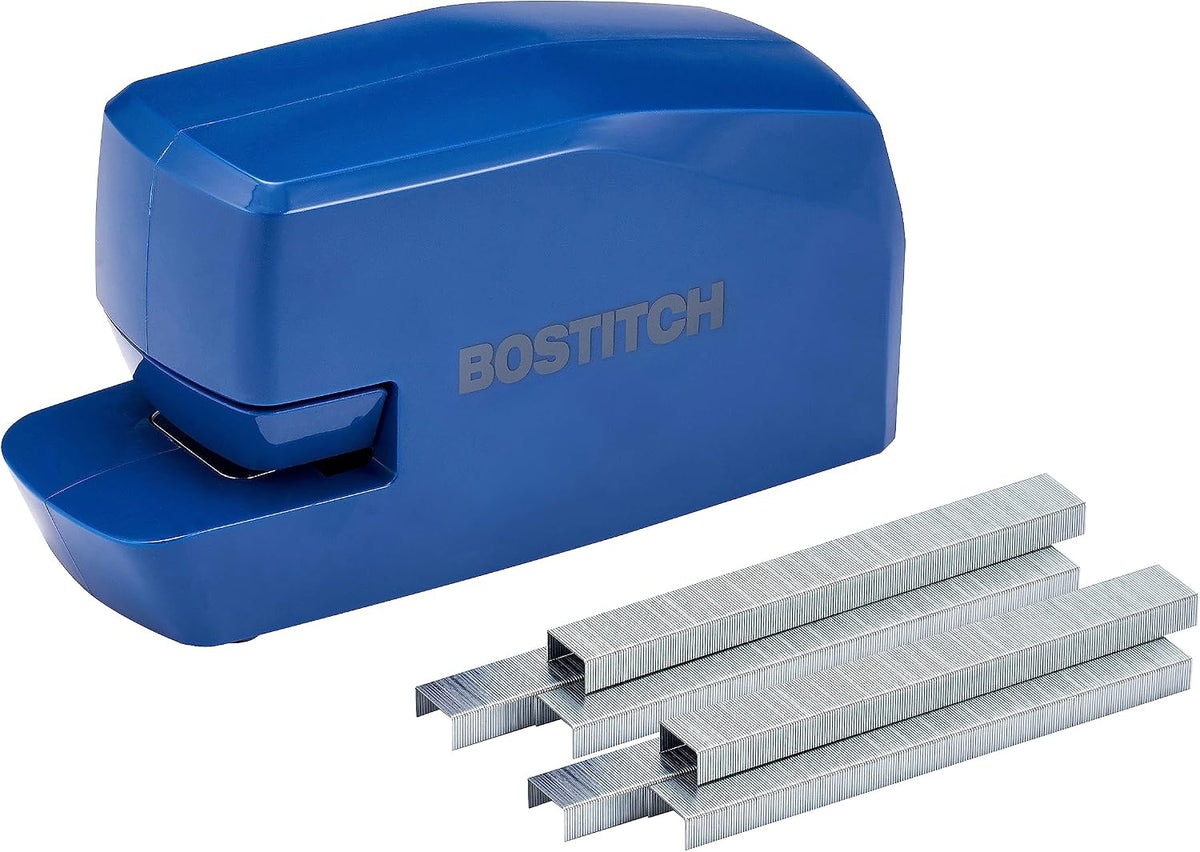 Engrapadora eléctrica portátil Bostitch Office, 20 hojas, funciona con corriente alterna o pilas, incluye 1250 grapas, color azul.