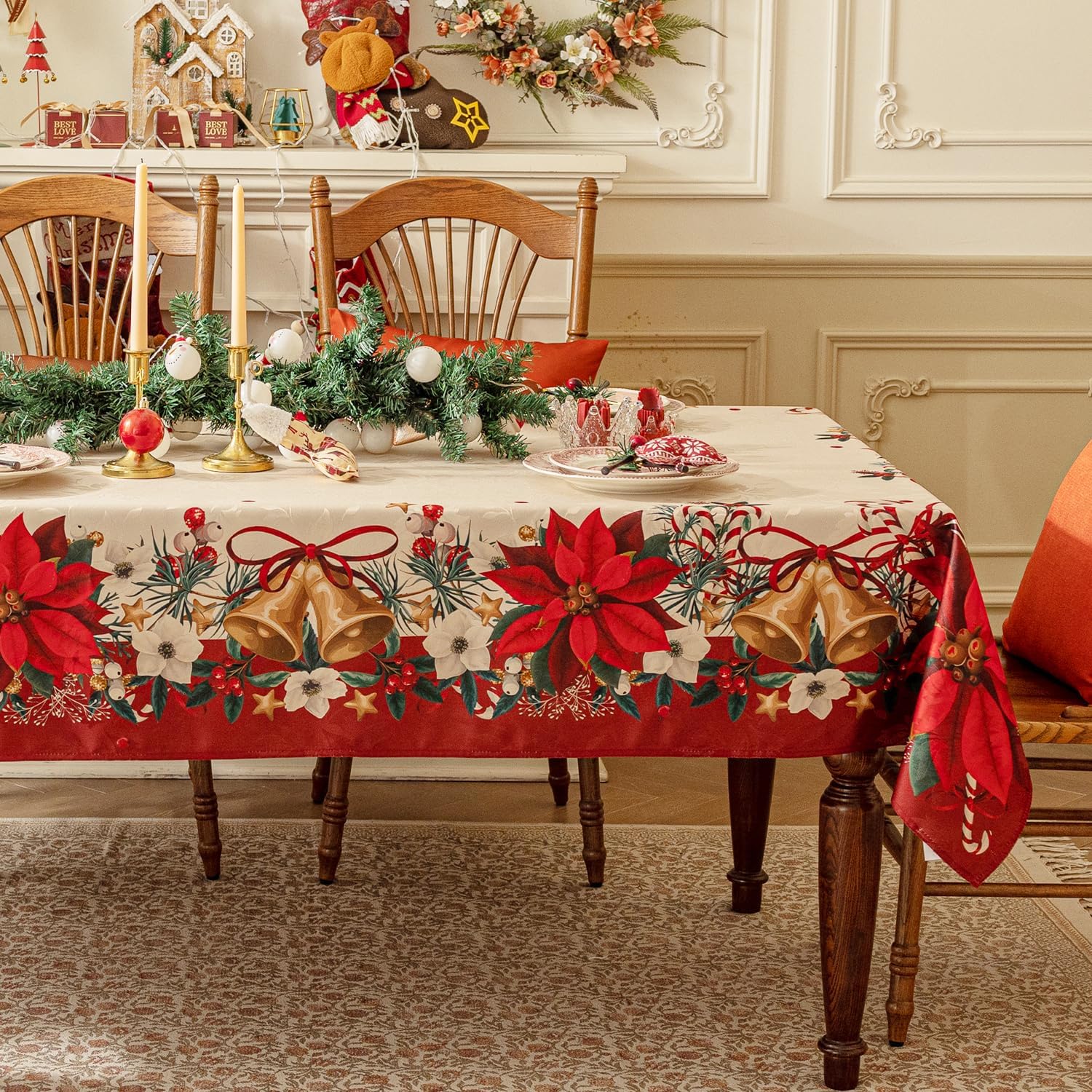 Softalker Christmas Rectangle Jacquard Tablecloth with Red Flower, Polyester Poinsettia Vintage Floral Printed Table Cloth for Xmas Party Decoration/Holiday (60x120 Inch)