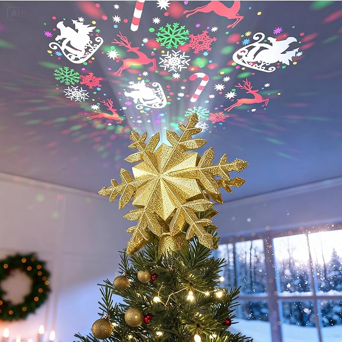 Decoración para árbol de Navidad iluminada con 6 patrones proyectados, copo de nieve mágico giratorio LED, purpurina hueca 3D iluminada plateada para decoración de árbol de Navidad, color dorado
