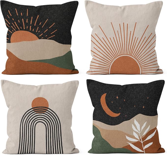 HIWX Set de 4 Fundas de Cojín Boho | Diseño Sol, Luna y Montañas | Estilo Moderno Paisaje | Decoración para Dormitorio, Sala y Exterior