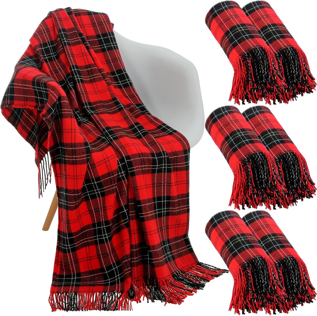 Peryiter 6 Pcs Christmas Red Plaid Throw Blanket Bulk with Tassel 50 x 67 Soft Warm Tartan Chenille Throw Fringe Blankets for Bed Couch Sofa Home Office Xmas Decor Gifts Travel Camping for All Season