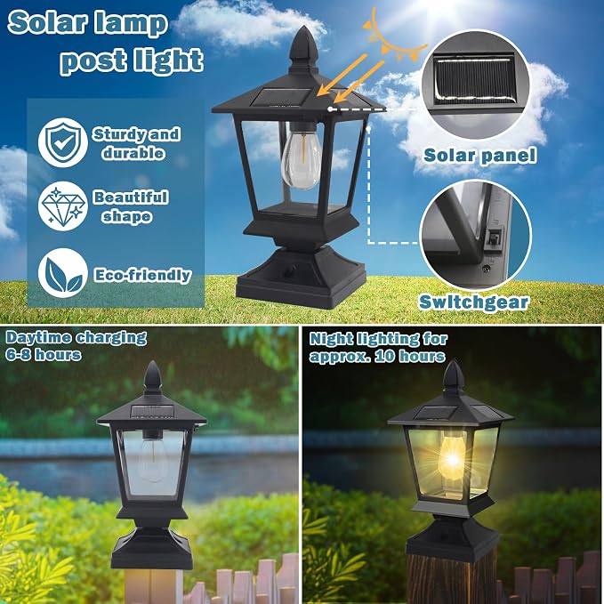 Farol solar para postes impermeables para terraza, patio, jardín, césped, valla del atardecer al amanecer