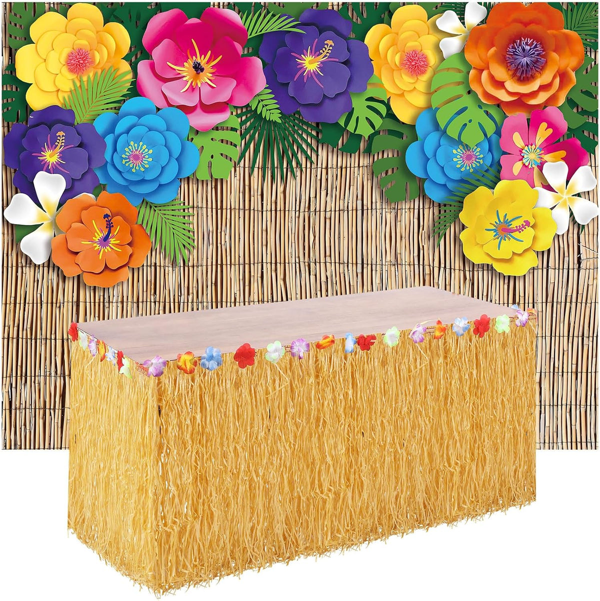 VitalCozy Fondo Fotografico Playa Hawaiana 7x5 pies + Falda de Mesa 108x29 pulgadas | Decoracion Tropical de Flores para Fiestas Luau y Eventos de Playa