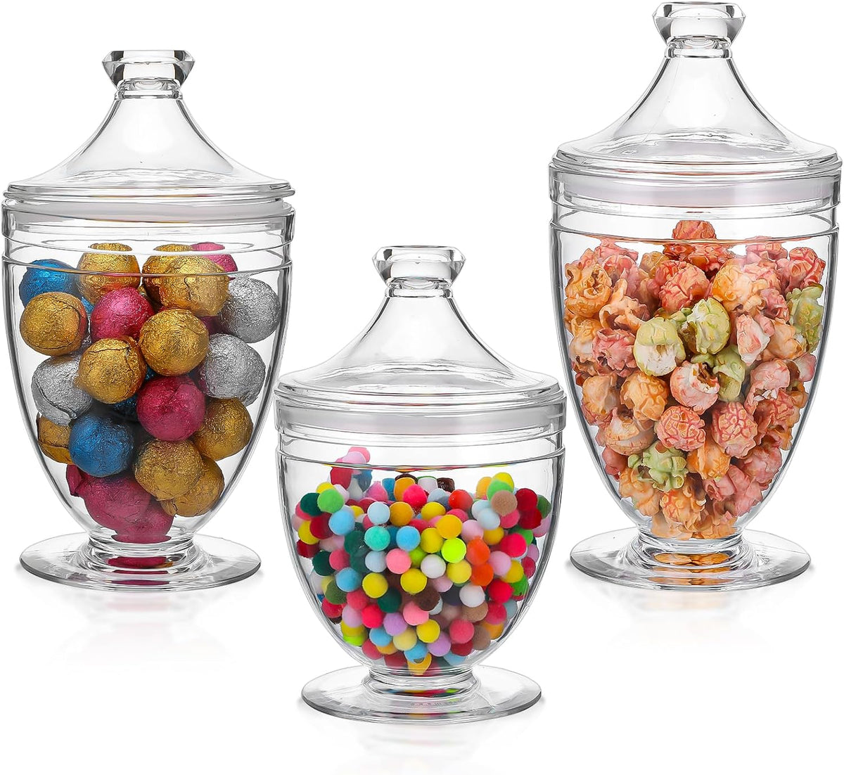 3 tarros de acrílico tipo boticario con tapa hermética, tarros para dulces para mesa de dulces, botes decorativos para baño (42 oz/34 oz/29 oz)
